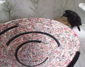 Coiled Fabric Basket - Catchall, Handmade by Me, Boho Print, Black