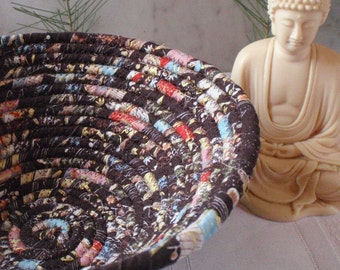 Coiled Fabric Basket - Asian Print Fabric, Catchall, Organizer, Handmade by Me, Dark Chocolate Brown
