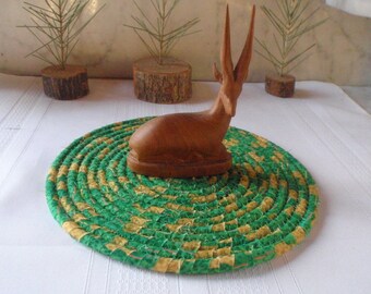 Green and Gold Coiled Fabric Table Mat, Trivet or Hot Pad - Small Round, Handmade by Me