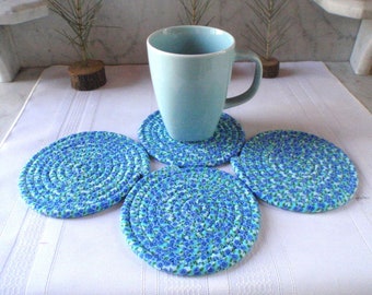 Blue and Purple Ditsy Floral Coiled Fabric Coasters - Set of 4 - Kitchen, Entertaining, Hostess Gift, Absorbent Coasters