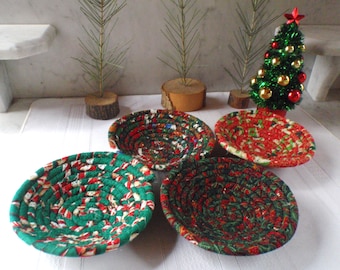 Set of 4 Mini Handmade Coiled Christmas Baskets - Mostly Reds and Greens