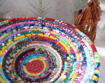 Gypsy - Round Coiled Bohemian Basket, Colorful, Hippie, Boho, Scrappy Basket, Handmade Fabric Bowl