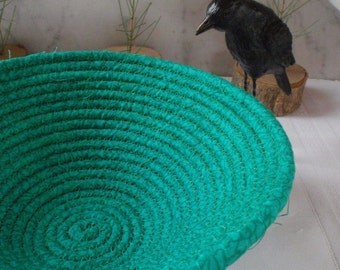 Dark Green Coiled Fabric Basket - Catchall, Organizer, Handmade by Me, Heart Chakra