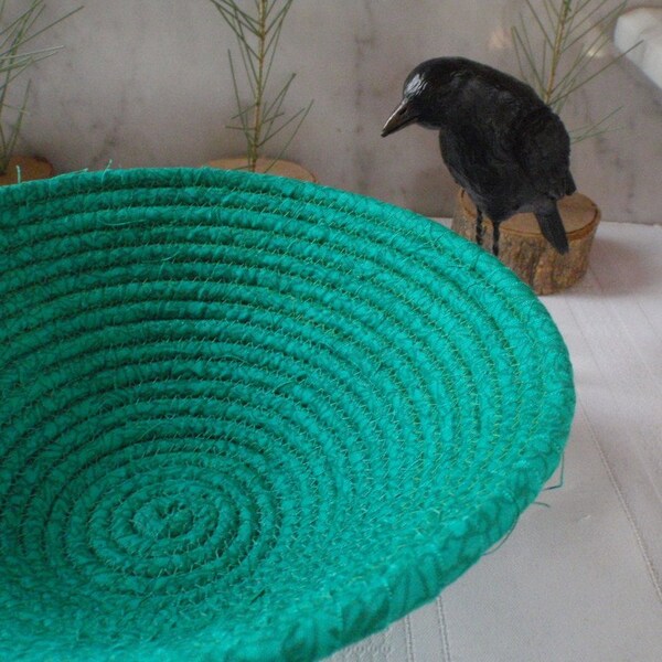 Dark Green Coiled Fabric Basket - Catchall, Organizer, Handmade by Me, Heart Chakra