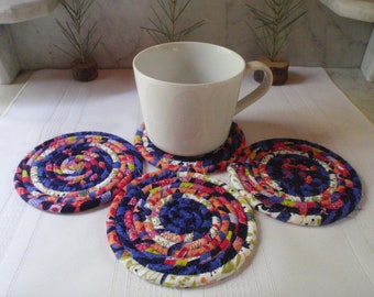 Colorful Coiled Fabric Coasters - Set of 4 - Kitchen, Entertaining, Hostess Gift, Absorbent Coasters