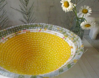 Banded Coiled Fabric Basket - Catchall, Organizer, Handmade by Me, Yellow, White, Blue