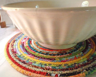Bohemian Coiled Multicolored Mat, Chair Pad, Hot Pad, Trivet, Placemat - 14 Inch Round