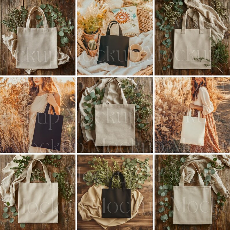 May include: Nine different mockups of tote bags in various settings. The bags are made of canvas and are available in black and natural colors. Some bags are lying flat, while others are being held by people. The bags are surrounded by greenery and other natural elements.