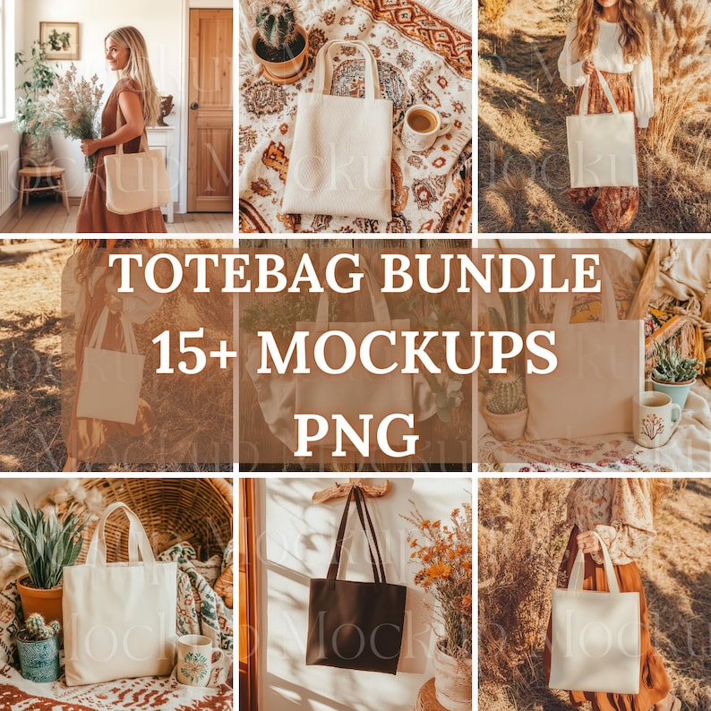 May include: A set of 15+ tote bag mockups in PNG format. The mockups feature various styles of tote bags, including canvas and leather, in different colors and settings. The mockups are perfect for showcasing designs and branding.