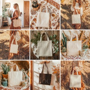 May include: A collection of nine tote bags in various colors and styles. The bags are made of canvas and have a simple design. Some of the bags are being held by people, while others are lying on a table or on the ground. The bags are all blank, making them perfect for customization.