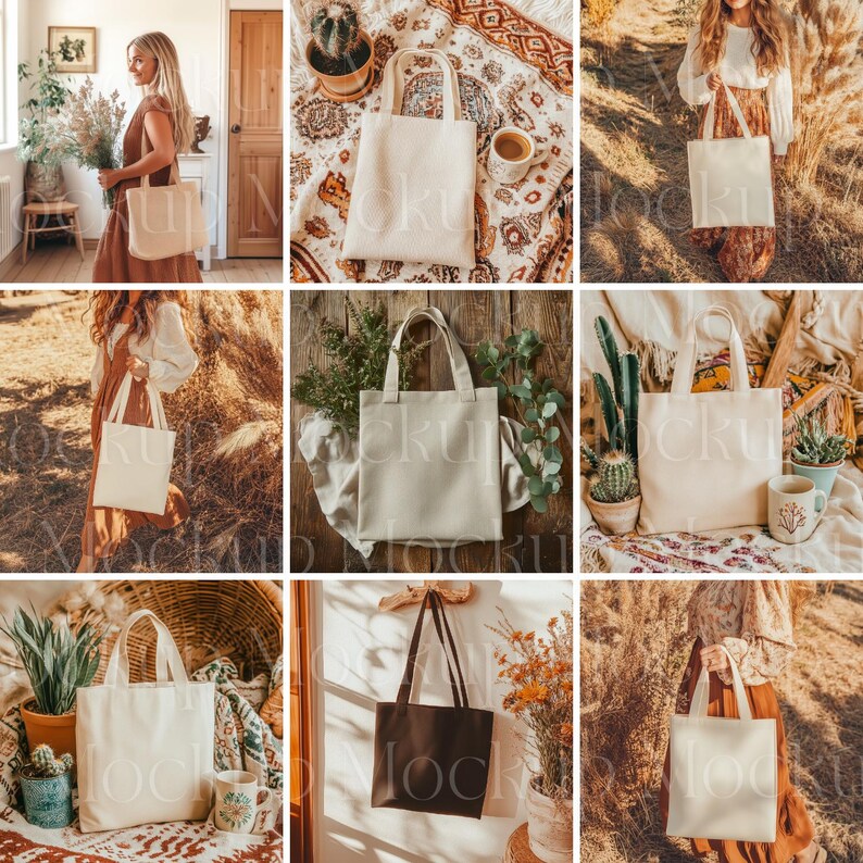 May include: A collection of nine tote bags in various colors and styles. The bags are made of canvas and have a simple design. Some of the bags are being held by people, while others are lying on a table or on the ground. The bags are all blank, making them perfect for customization.