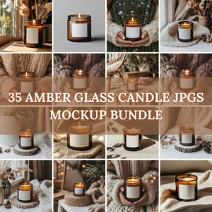 以下が含まれることがあります： 空白のラベルが付いたアンバーガラスのキャンドルモックアップ35個セット。キャンドルは、木製のテーブル、手の中、ニットの毛布など、さまざまな設定で表示されます。キャンドルは点灯しており、温かい光を放っています。