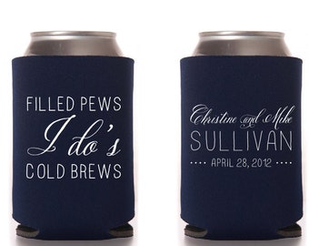 Filled pews, I Do's, Cold Brews Custom Wedding Collapsible Can Coolers