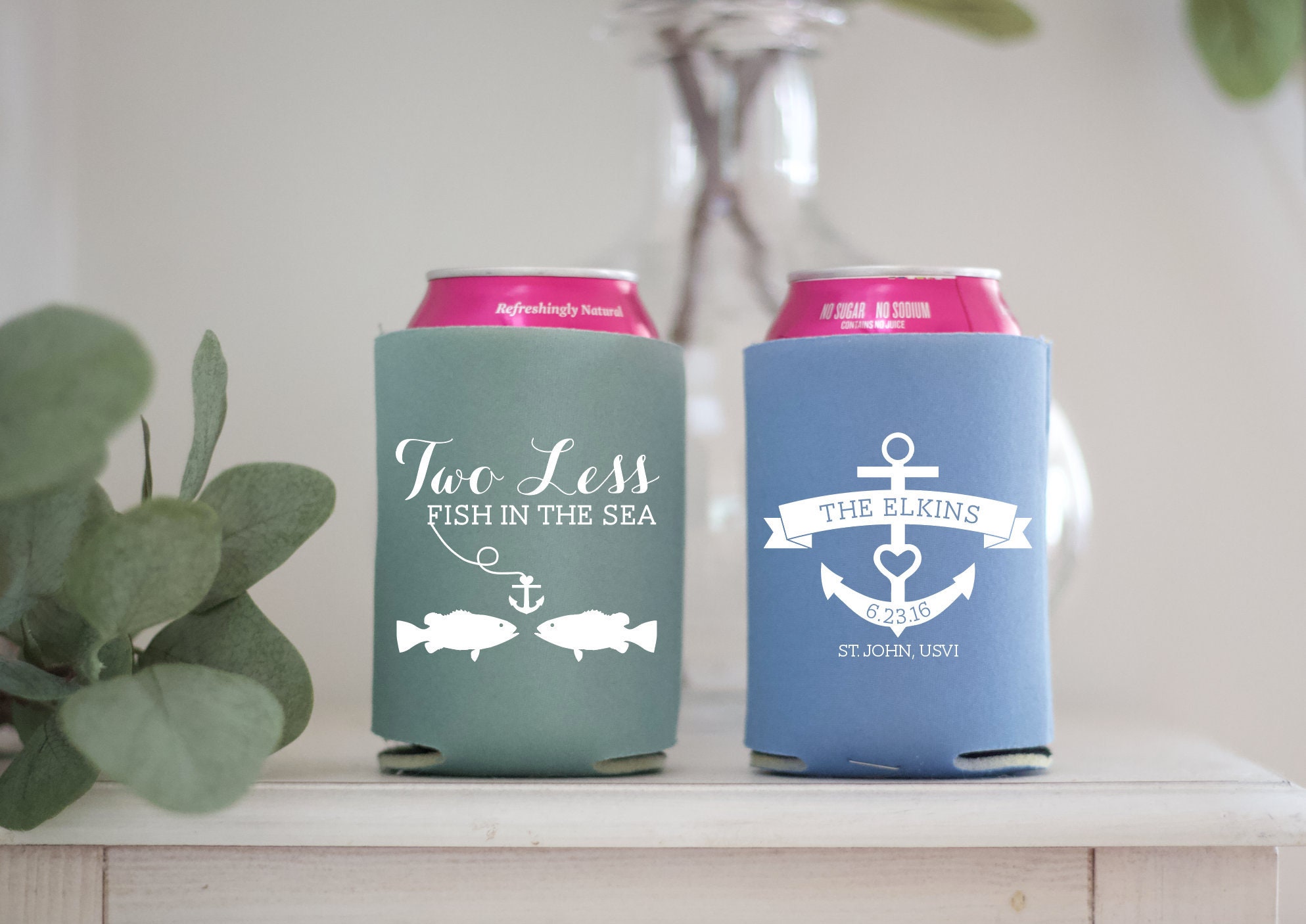 Custom Wedding Collapsible Can Coolers Two Less Fish in the | Etsy