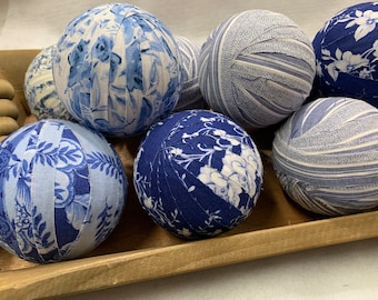 Blue Floral and Stripes Rag Balls- Farmhouse Table or Mantel Decor - 3 inch Frayed Fabric Rag Balls- Blue Bowl Filler- Chinoiserie Decor