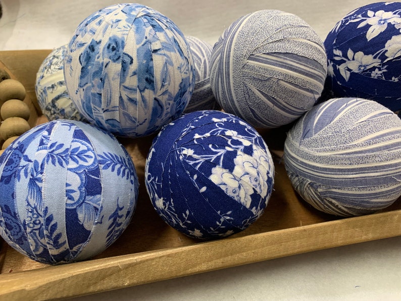 Blue Floral and Stripes Rag Balls Farmhouse Table or Mantel Decor 3 inch Frayed Fabric Rag Balls Blue Bowl Filler Chinoiserie Decor image 1