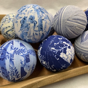 Blue Floral and Stripes Rag Balls Farmhouse Table or Mantel Decor 3 inch Frayed Fabric Rag Balls Blue Bowl Filler Chinoiserie Decor image 3