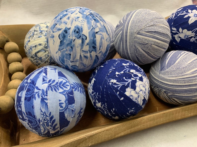 Blue Floral and Stripes Rag Balls Farmhouse Table or Mantel Decor 3 inch Frayed Fabric Rag Balls Blue Bowl Filler Chinoiserie Decor image 3