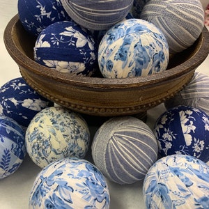 Blue Floral and Stripes Rag Balls Farmhouse Table or Mantel Decor 3 inch Frayed Fabric Rag Balls Blue Bowl Filler Chinoiserie Decor image 6