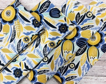Floral Cloth Napkins- Set of 4- Gold Yellow Black Blue - 100% Cotton Dinner Napkins- Custom Size- Everyday, Party, Wedding, Hostess Gift
