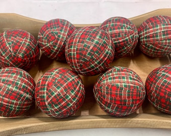 Holiday Plaid Rag Ball Christmas Tree Ornament, 3 inch, Red and Green Farmhouse Holiday Decor, Bowl Filler Tiered Tray Decor