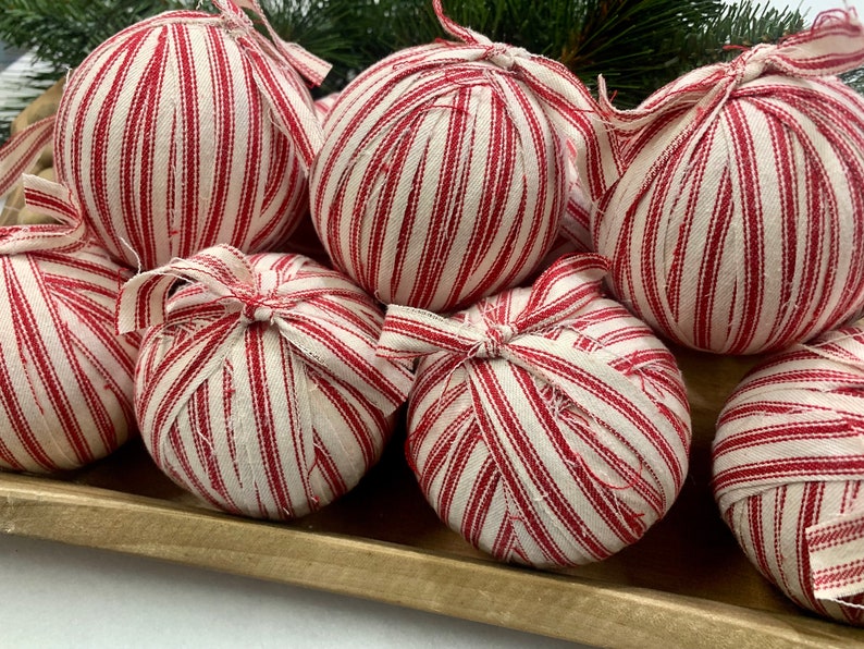 Set of 4 Rustic Red Ticking Stripe Napkins, Coasters, or Ornaments Homespun Holiday Decor Primitive Christmas Housewarming Hostess Gift image 3