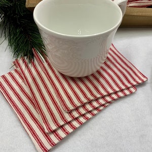 Set of 4 Rustic Red Ticking Stripe Napkins, Coasters, or Ornaments Homespun Holiday Decor Primitive Christmas Housewarming Hostess Gift image 6