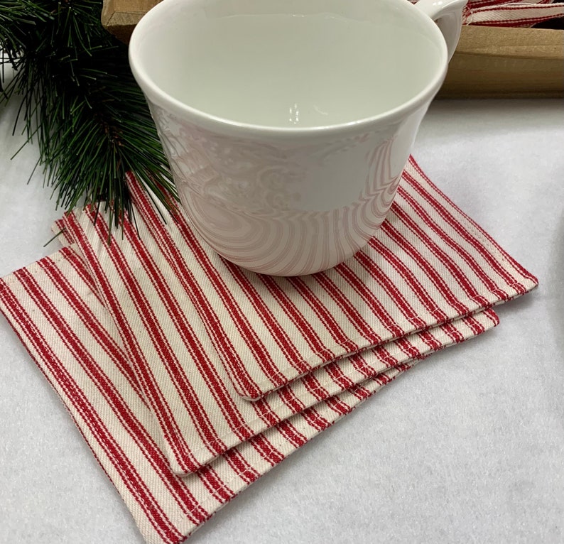 Set of 4 Rustic Red Ticking Stripe Napkins, Coasters, or Ornaments Homespun Holiday Decor Primitive Christmas Housewarming Hostess Gift image 6