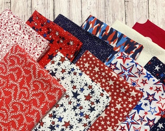 Red White and Blue Cloth Napkins, 8 inch, Set of 10, Lunchbox, Snack, Appetizer, Tea Party, Reversible Double Sided