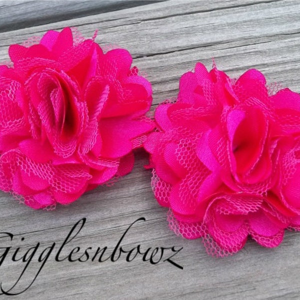 Set of TWO Shocking Pink PETITE Satin and Tulle Puff Flowers-NEW Tiny Size