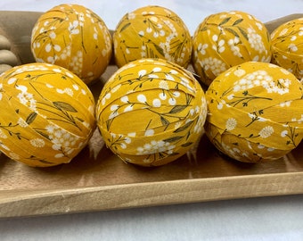 Floral Fabric 3 Inch Bowl Fillers - Farmhouse Wildflower Rag Balls - Table or Mantel Decor - Mustard Gold White Yellow Home Decor Orbs