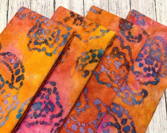 Colorful Batik Print Napkins- Set of 4- Gold Orange Red Blue, Double Sided Napkins - 100% Cotton Dinner Napkins- Custom Size- 2-ply Reusable