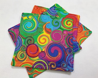 Rainbow Swirl- Reversible Fabric Cloth Coasters, Mug Rug, Beverage Coaster Set of 4- Reusable Everyday or Housewarming Gift