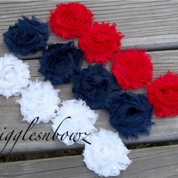 Set of TWELVE Shabby Frayed Vintage look Chiffon Rosette Flowers- Red, White and Navy Blue