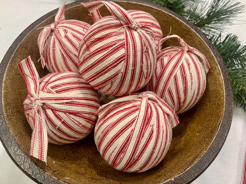 Set of 4 Rustic Red Ticking Stripe Napkins, Coasters, or Ornaments Homespun Holiday Decor Primitive Christmas Housewarming Hostess Gift image 10