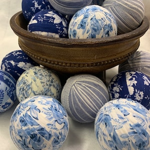 Blue Floral and Stripes Rag Balls Farmhouse Table or Mantel Decor 3 inch Frayed Fabric Rag Balls Blue Bowl Filler Chinoiserie Decor image 2