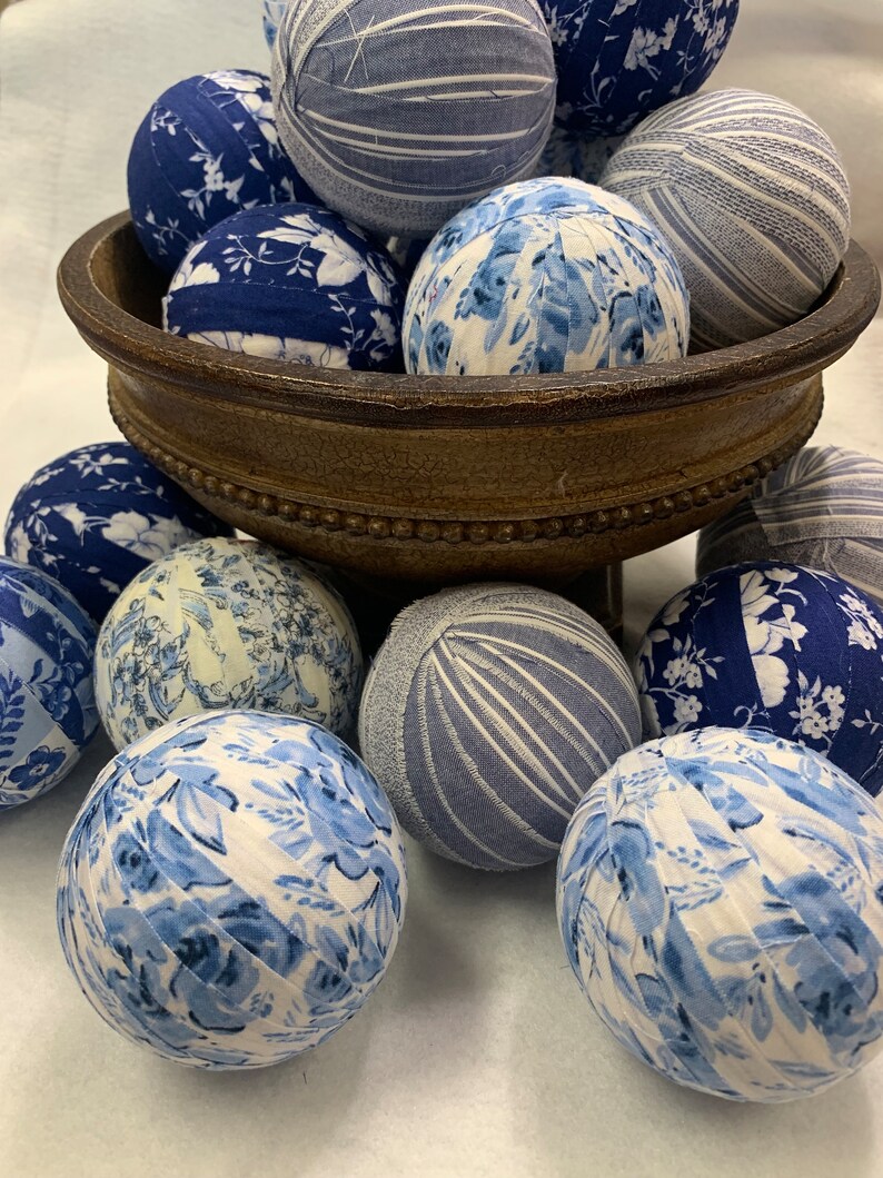 Blue Floral and Stripes Rag Balls Farmhouse Table or Mantel Decor 3 inch Frayed Fabric Rag Balls Blue Bowl Filler Chinoiserie Decor image 2