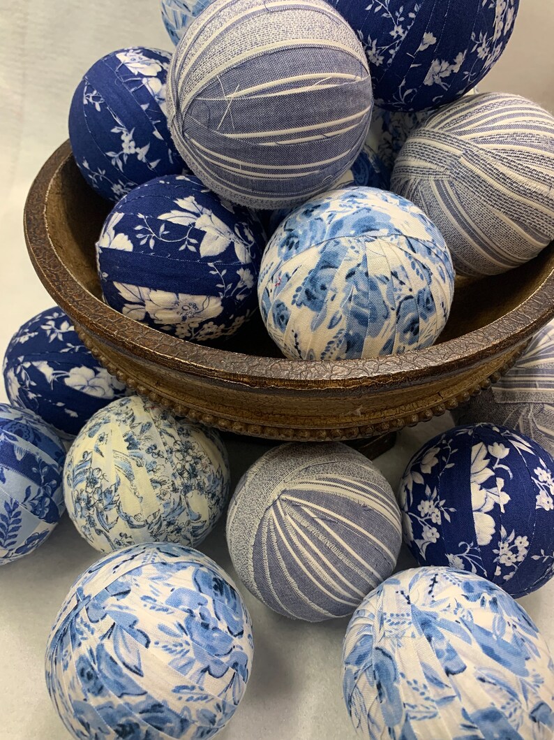 Blue Floral and Stripes Rag Balls Farmhouse Table or Mantel Decor 3 inch Frayed Fabric Rag Balls Blue Bowl Filler Chinoiserie Decor image 4