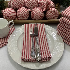 Set of 4 Rustic Red Ticking Stripe Napkins, Coasters, or Ornaments Homespun Holiday Decor Primitive Christmas Housewarming Hostess Gift image 1