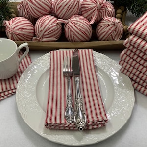 Set of 4 Rustic Red Ticking Stripe Napkins, Coasters, or Ornaments- Homespun Holiday Decor- Primitive Christmas- Housewarming  Hostess Gift