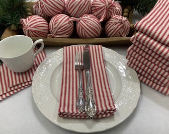 Set of 4 Rustic Red Ticking Stripe Napkins, Coasters, or Ornaments- Homespun Holiday Decor- Primitive Christmas- Housewarming  Hostess Gift