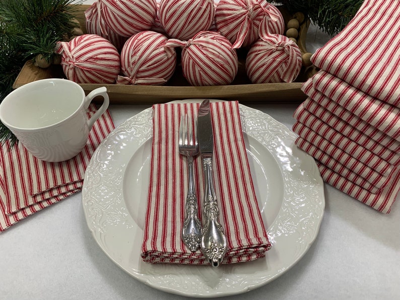 Set of 4 Rustic Red Ticking Stripe Napkins, Coasters, or Ornaments Homespun Holiday Decor Primitive Christmas Housewarming Hostess Gift image 1
