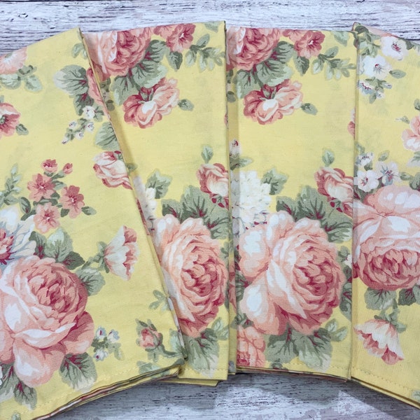 Floral Cloth Napkins- Set of 4- Yellow Pink Peach Green- 100% Cotton Dinner Napkins- Custom Size- Everyday, Party, Wedding, Hostess Gift