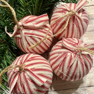 Rustic Red Ticking Rag Ball Christmas Tree Ornaments, 3 inch, Homespun Inspired Farmhouse Holiday Decor, Choose from sets of 4, 6, or 10