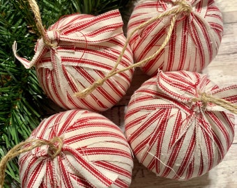 Rustic Red Ticking Rag Ball Christmas Tree Ornaments, 3 inch, Homespun Inspired Farmhouse Holiday Decor, Choose from sets of 4, 6, or 10