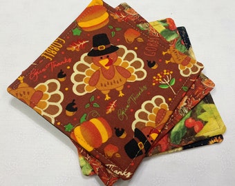 Fall Thanksgiving- Reversible Fabric Cloth Coasters, Mismatched Beverage Coaster Set of 4- Reusable Everyday or Housewarming Gift