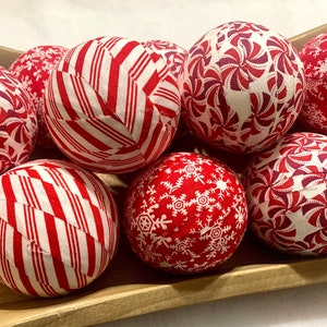Red and White Rag Ball Christmas Tree Ornament, 3 inch, Farmhouse Holiday Decor, Bowl Filler Tiered Tray Decor