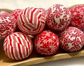Décoration de sapin de Noël boule de chiffon rouge et blanc, 3 pouces, décor de vacances à la ferme, décor de plateau à plusieurs niveaux de remplissage de bol