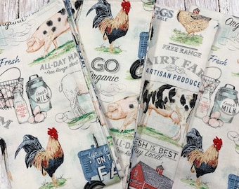 Serviettes de table de ferme - lot de 12 - poulets, vaches, ferme laitière 100 % coton serviettes de table - taille personnalisée - tous les jours, fête, mariage, cadeau d'hôtesse