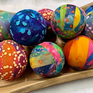 Boho Batik fabric Rag Ball Christmas Ornaments- 3 inch hand wrapped fabric balls-Farmhouse Bowl Filler- Eclectic Holiday Home Decoration